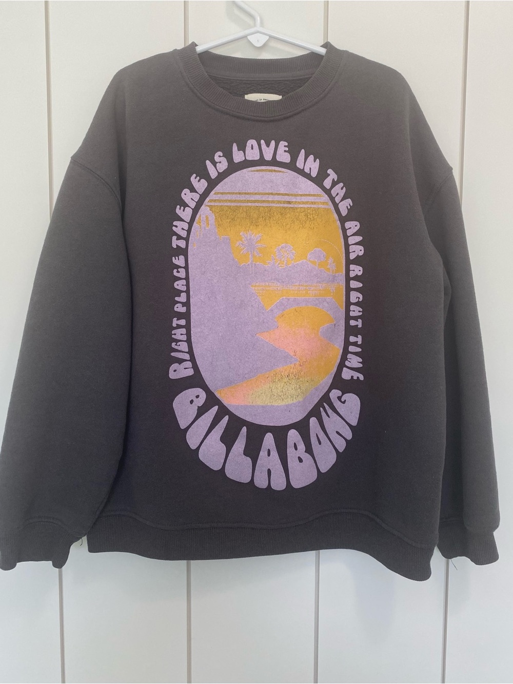 Billabong Girls Grey Crewneck Sweatshirt with Purple and Gold Sunset Graphic